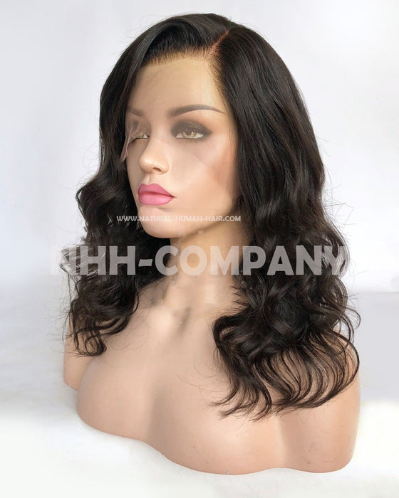 Human Hair Wig 14 Inch Wavy Natural Color Side Parting Glueless Lace Front Wig